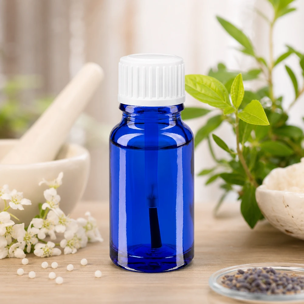 Frasco de farmácia azul 10ml com tampa de rosca branca Frasco de vidro azul de 10 ml com tampa branca ao lado de ervas frescas e flores num ambiente natural