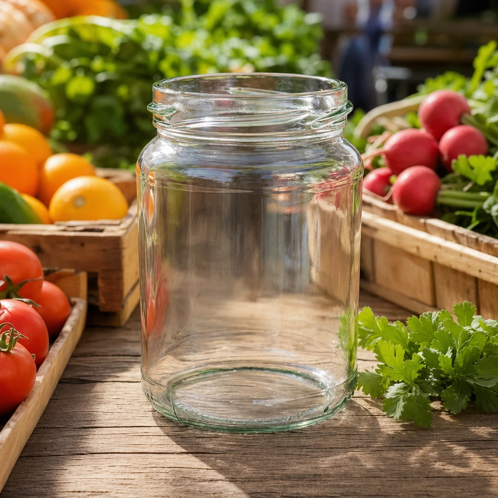 Frasco redondo de 205ml sem tampa (TO58) UNiTWIST UNiTWIST Runda205 frasco redondo 205ml TO58 frasco de conserva em mesa de madeira com legumes frescos tomates rabanetes