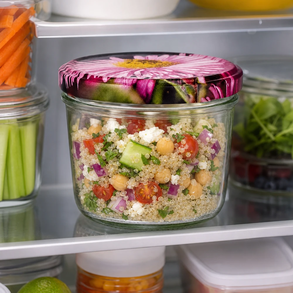 Frasco de vidro de 230 ml com tampa floral BasicSeal no frigorífico, cheio de salada de quinoa e legumes como preparação de refeição
