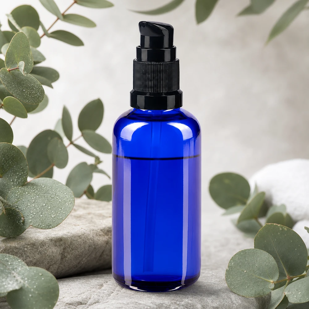 Frasco de farmácia azul 50ml tampa da bomba preto padrão Frasco de vidro azul cobalto de 50 ml com dispensador preto, ideal para séruns e óleos