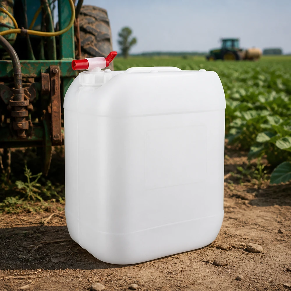Bidon de plástico branco de 20 litros com torneira vermelha num campo agrícola, ao lado de um trator