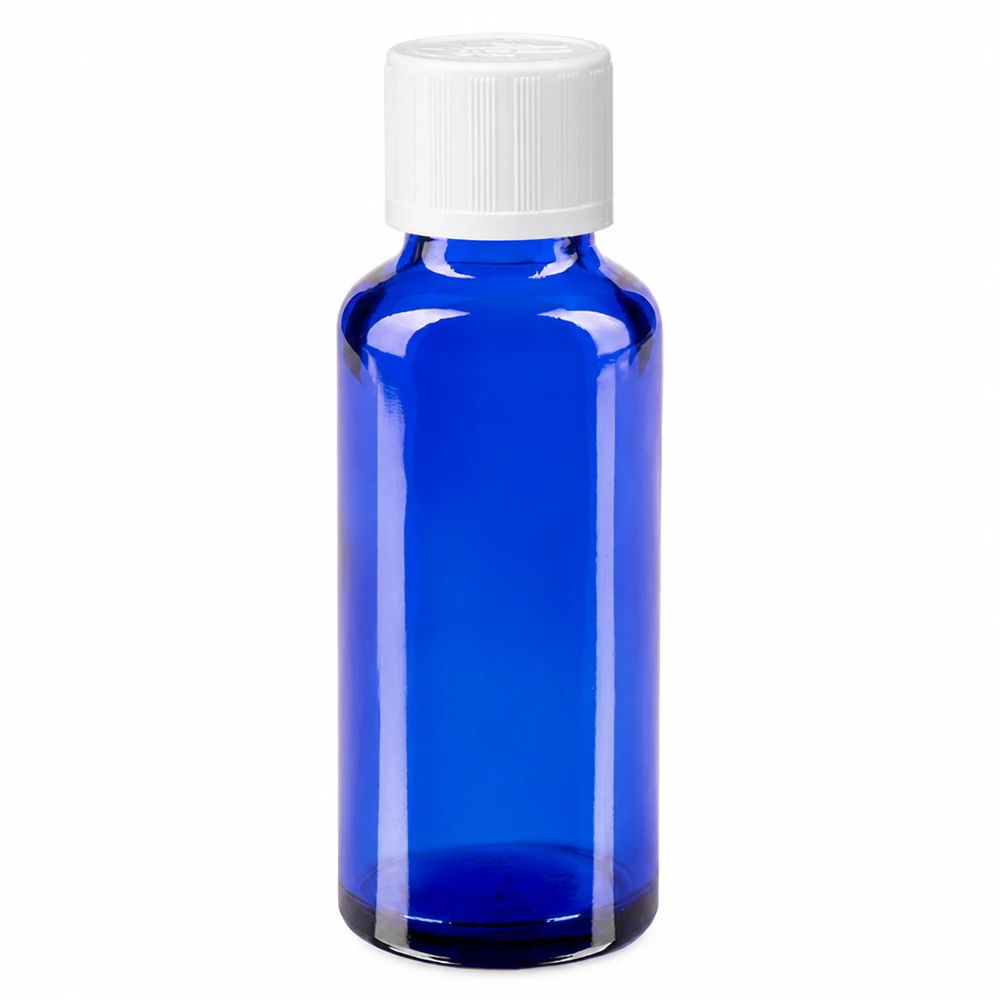 Frasco de vidro azul de farmácia com 30 ml, com tampa de segurança para crianças branca e aplicador de gotas de 1,2 mm