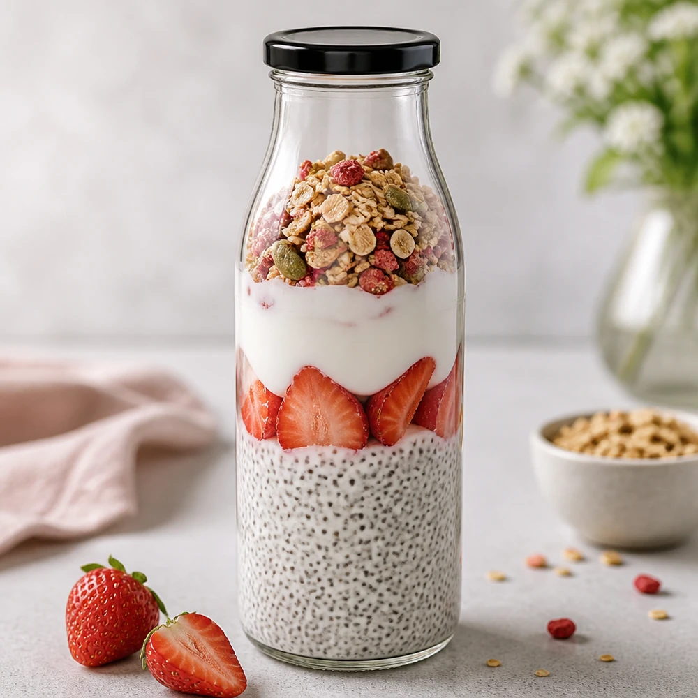 Frasco de vidro de 500 ml + tampa BasicSeal preta UNiTWIST Garrafa de vidro de 500 ml com tampa preta para o pequeno-almoço de pudim de chia com morangos e muesli de aveia durante a noite