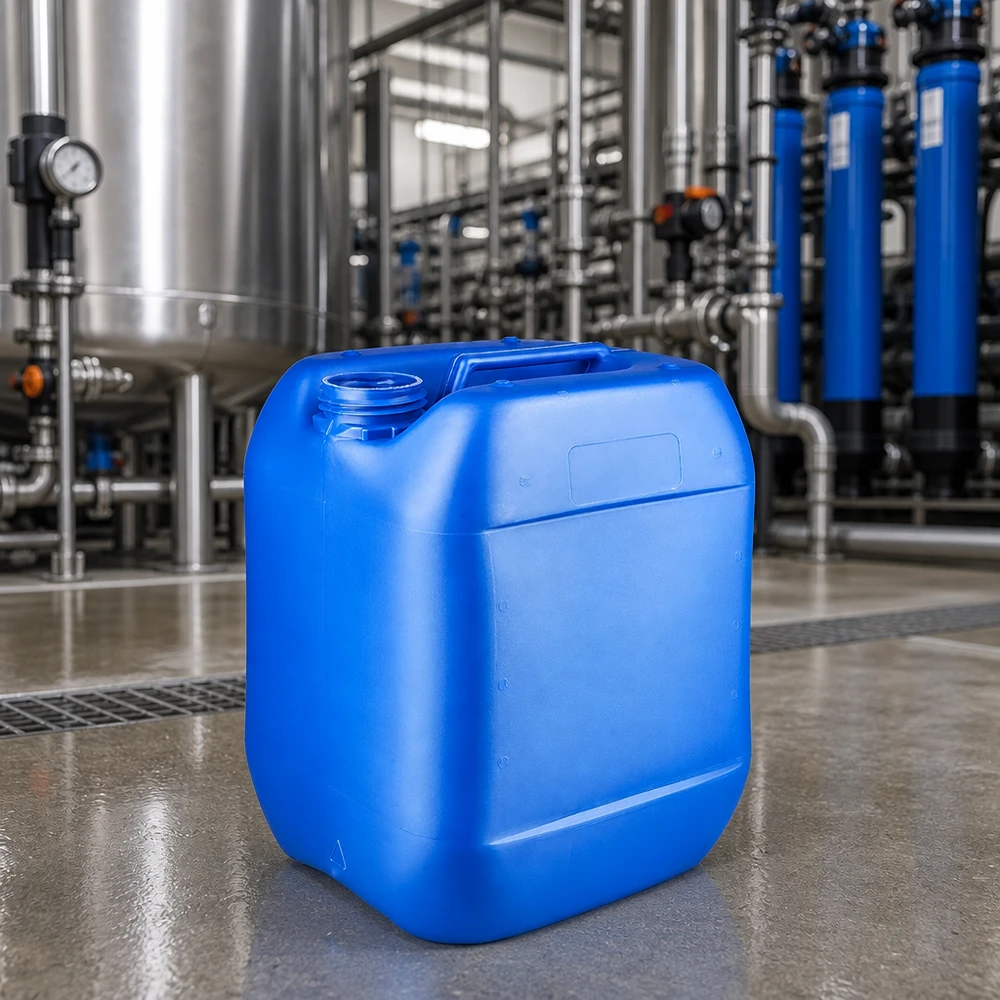 Bidão azul de 10 litros sem tampa, em frente à estação de tratamento de água com sistema de tubagem