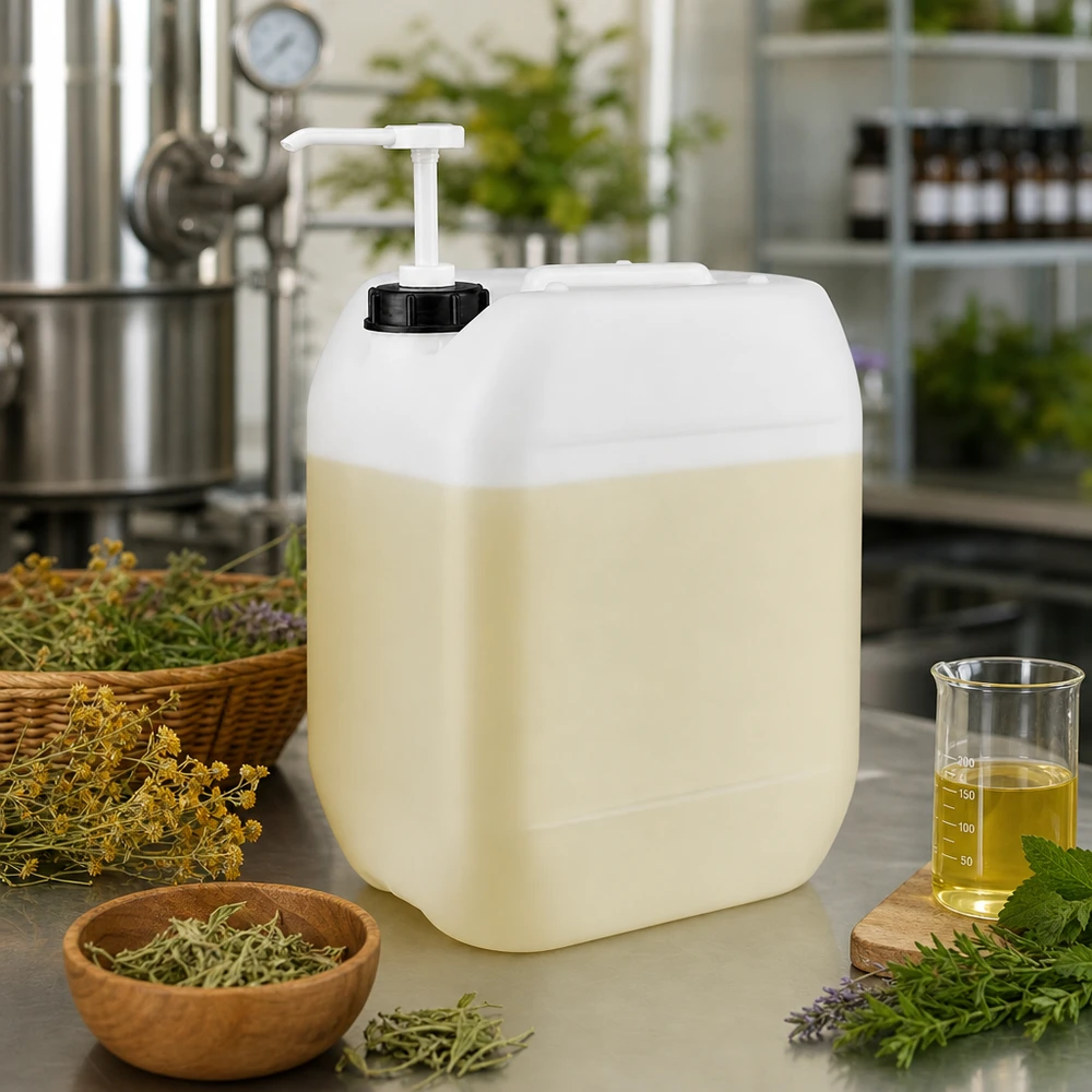 Bidão de 10 litros na cor creme com bomba dosadora para cosméticos naturais e extratos vegetais