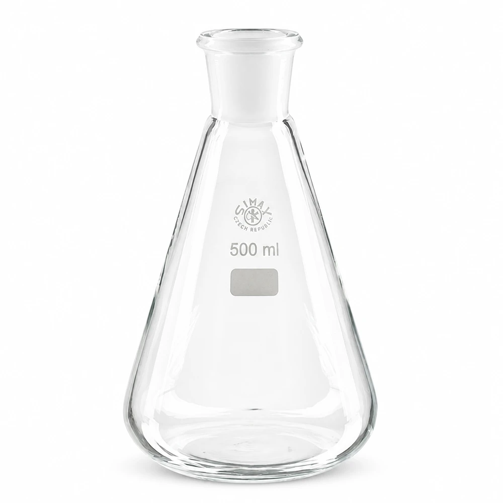 Frasco Erlenmeyer 500ml com junta esmerilada padrão (29/32) Erlenmeyer de 500 ml em vidro borossilicato com junta rectificada normalizada 29/32 para aplicações laboratoriais