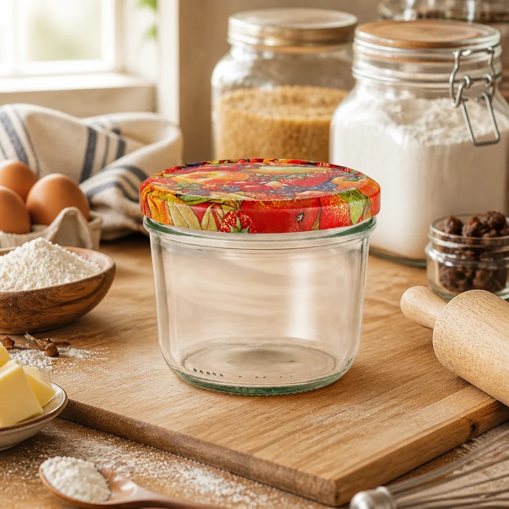 Copos de vidro de 230 ml + tampa BasicSeal decoração de fruta UNiTWIST Copos vazios de 230 ml com tampa BasicSeal para decoração de fruta na cozinha, numa tábua de madeira, ao lado de ingredientes para pastelaria e frascos de armazenamento