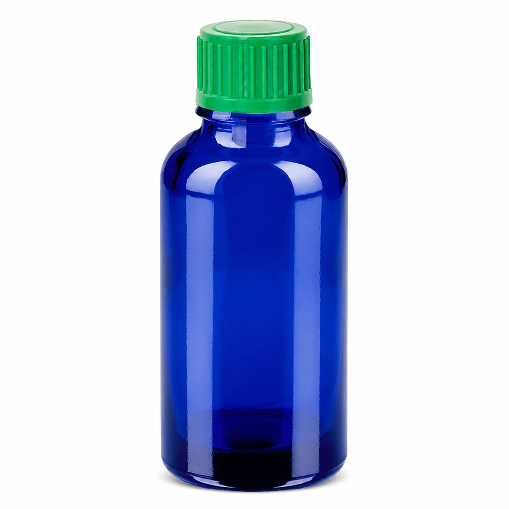 Frasco conta-gotas azul de 30 ml em vidro com tampa verde para uma dosagem precisa