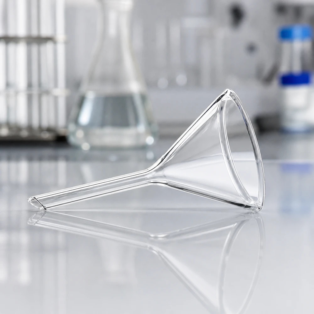 Funil ø40mm cal sodada, ângulo 60°, estilo curto Funil de laboratório em vidro de cal sodada com 40 mm de diâmetro para decantação precisa de líquidos