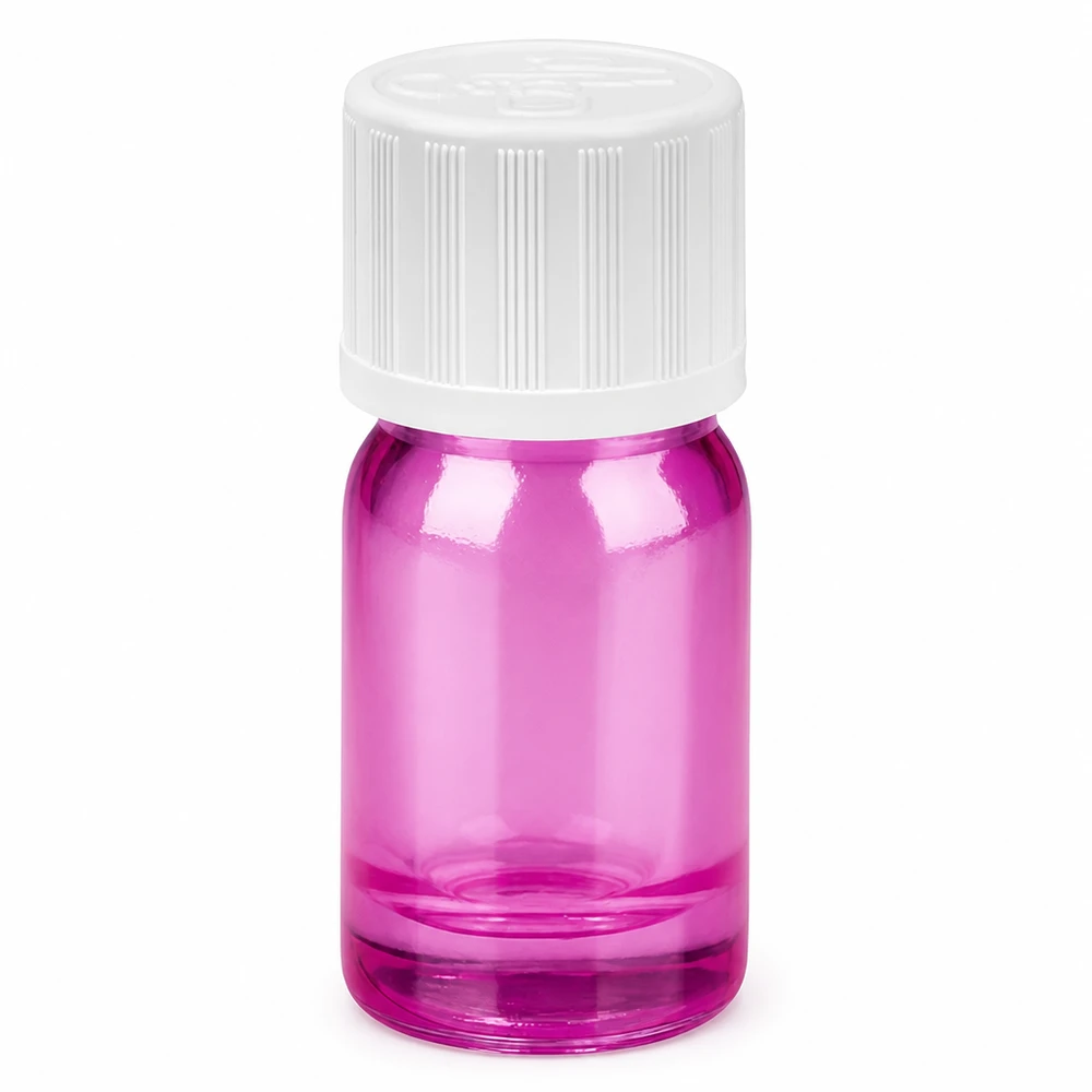 Frasco conta-gotas de 5 ml 1,2 mm branco padrão PurpleLine resistente a crianças. UT18/5 Frasco conta-gotas de 5 ml transparente púrpura com tampa branca para uma dosagem precisa