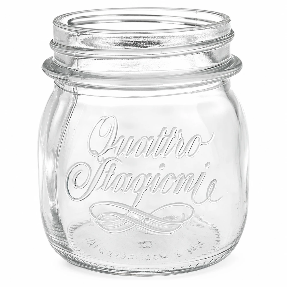 Frasco redondo de 250ml "Quattro Stagioni" QS70mm Frasco para conservas Quattro Stagioni de 250 ml em vidro transparente com logótipo gravado, sem tampa, para conservar e armazenar