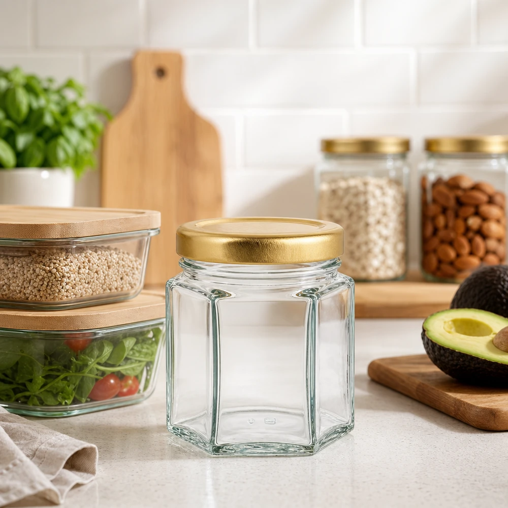 60g Honigglas mit goldenem Deckel BasicSeal UNiTWIST Frasco de mel de 60 g hexagonal vazio na cozinha moderna com frascos de armazenamento de abacate e tábua de madeira como decoração