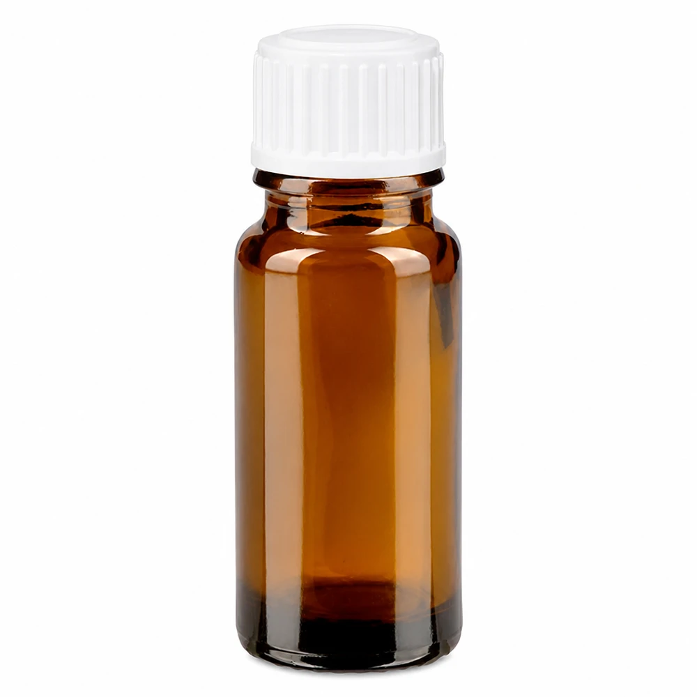 Frasco de vidro castanho de farmácia com 10 ml e tampa de rosca branca padrão de 11 mm