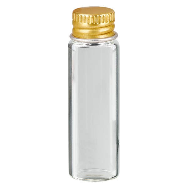 Mini frasco de vidro de 5 ml com tampa metálica transparente dourada UNiTWIST Mini frasco de vidro de 5 ml com tampa metálica transparente dourada UNiTWIST