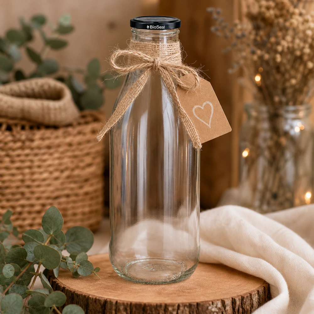 Garrafa de vidro de 1000 ml com tampa BioSeal num disco de madeira decorado com um laço de juta e um pendente em forma de coração Decoração rústica sustentável