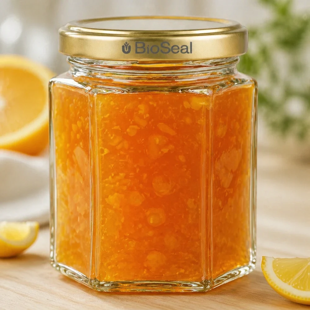Frasco de mel de 250 g hexagonal cheio de marmelada de laranja com tampa dourada BioSeal junto a fatias de laranja numa tábua de madeira