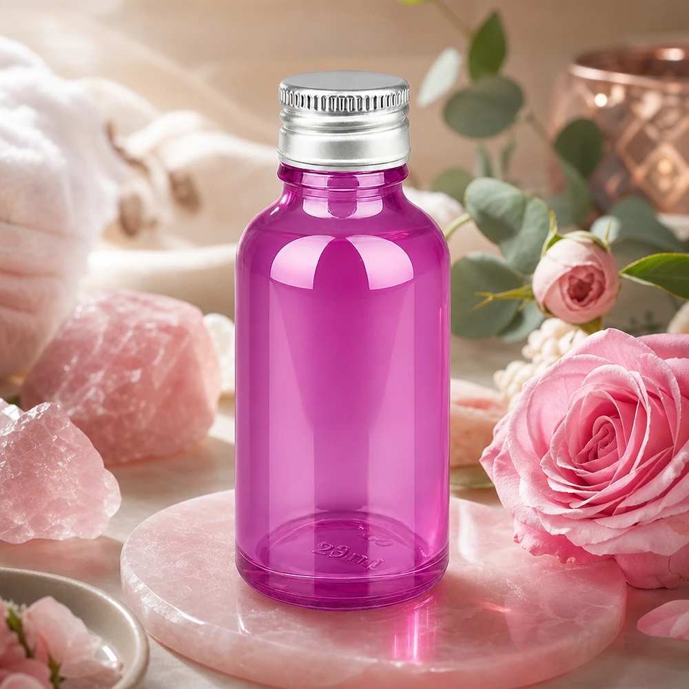 Frasco de 30ml com tampa de rosca de 11mm em alumínio-prata padrão PurpleLine.UT18/30 Frasco de vidro violeta de 30 ml de alta qualidade com tampa de alumínio mate para produtos cosméticos de qualidade superior