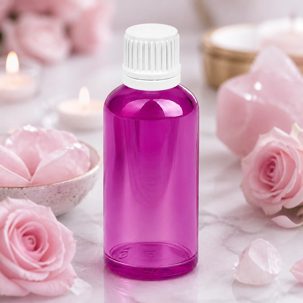 Frasco conta-gotas de 50 ml em violeta com design ergonómico para fácil manuseamento e dosagem