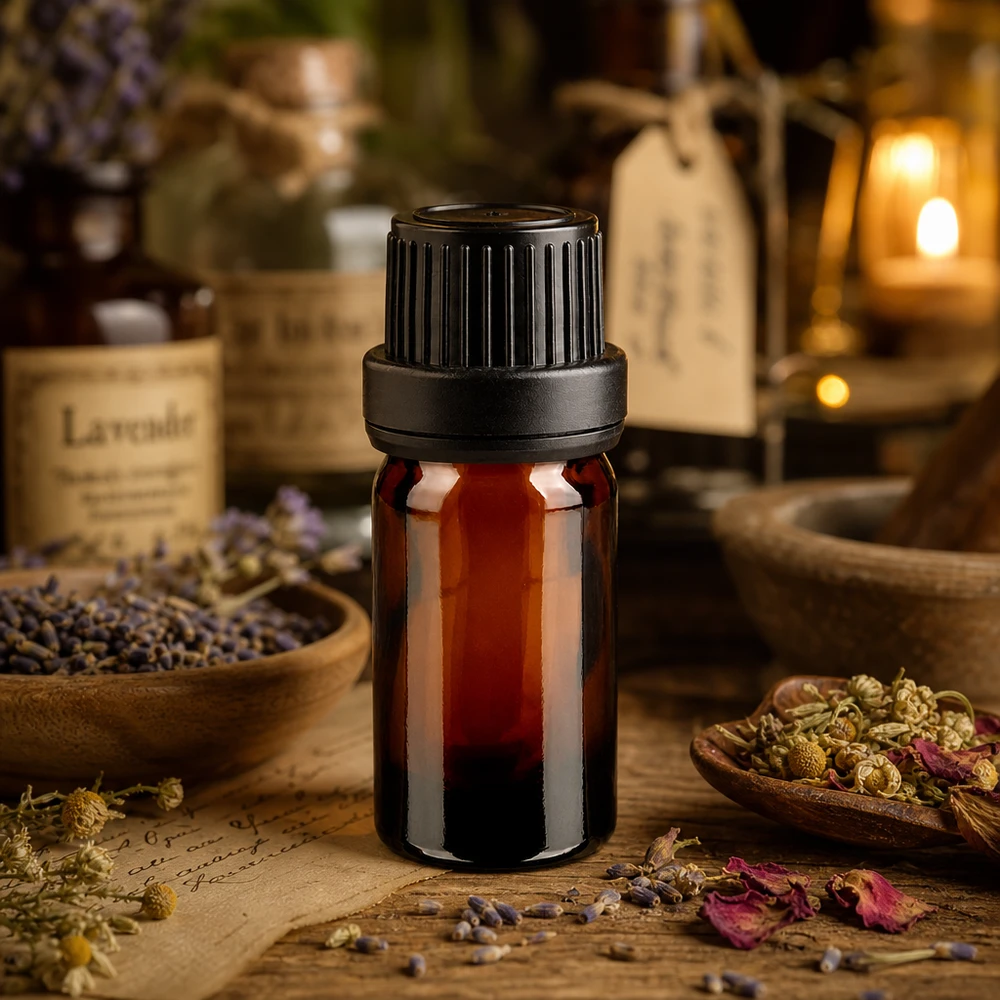 Frasco de vidro castanho de 5 ml com tampa preta de 11 mm, entre a lavanda e as ervas medicinais