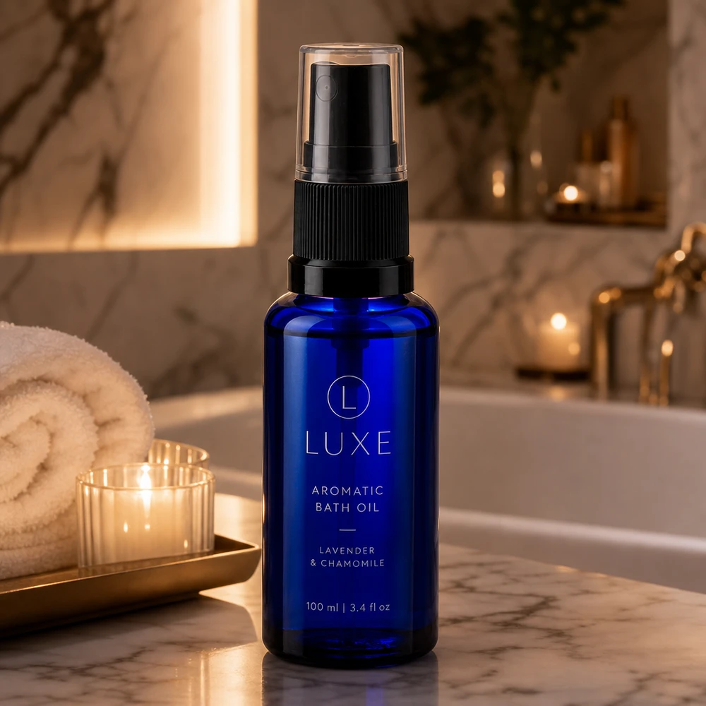 Frasco de vidro azul de 30 ml para farmácia, com pulverizador preto, numa elegante casa de banho de luxo