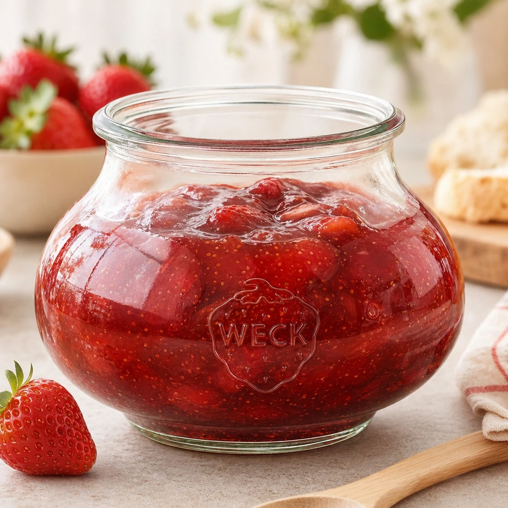 Frasco decorativo WECK RR80 de 560 ml Frasco decorativo WECK RR80 560ml com compota de morango caseira e colher de pau na bancada da cozinha