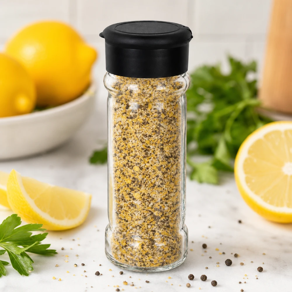 Frasco de tempero de pimenta e limão, 100 ml, com espalhador preto, rodeado por limões frescos e salsa