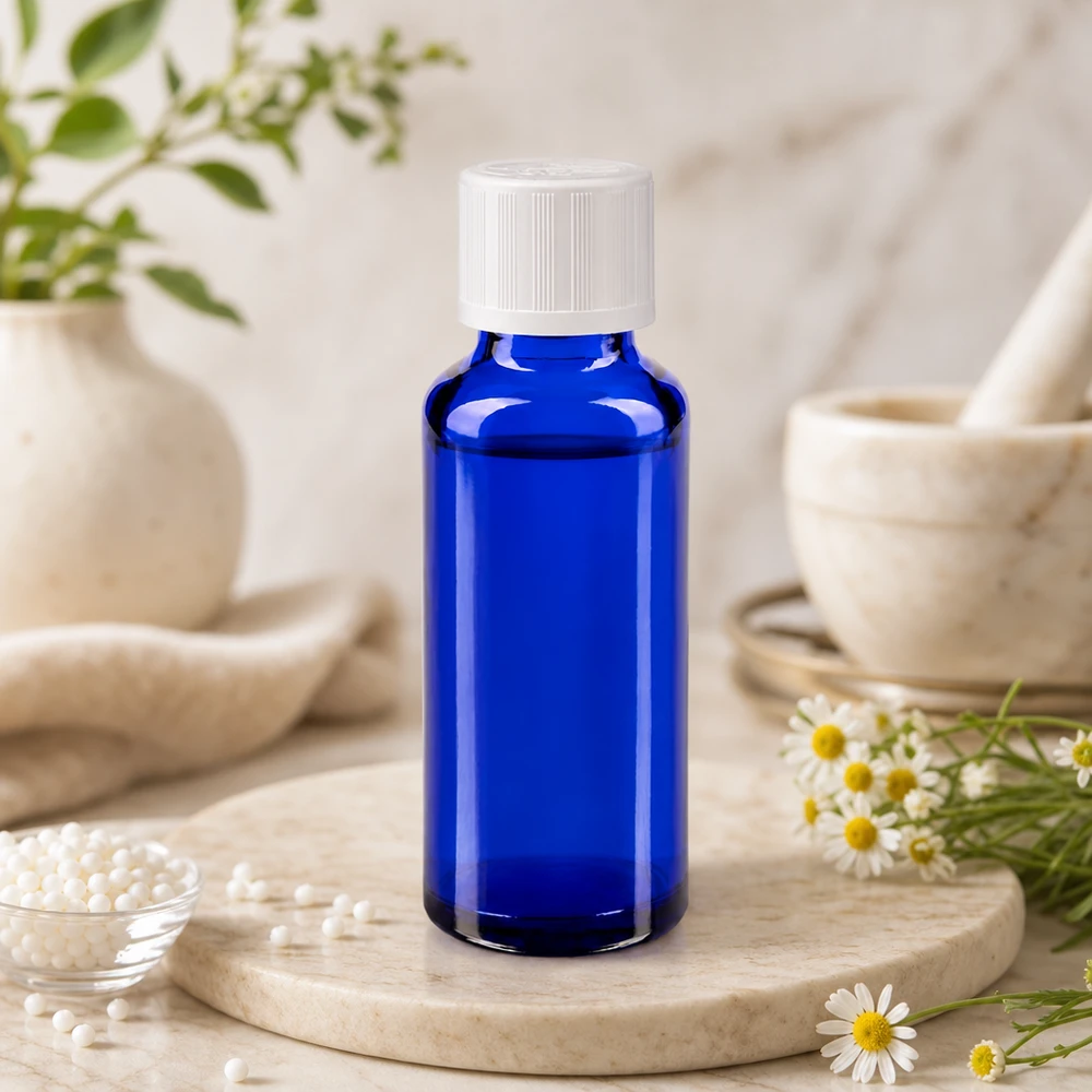 Frasco de farmácia azul 30ml tampa de rosca branca padrão resistente a crianças Frasco de farmácia de 30 ml de vidro azul com tampa KiSi branca, entre flores de camomila e um almofariz