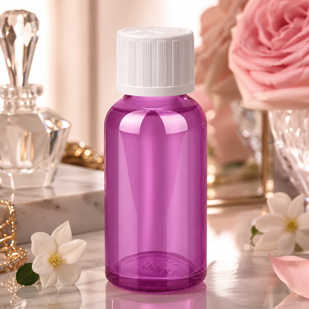 Frasco compacto de 30 ml de cor violeta com tampa branca de segurança para crianças para uma arrumação segura