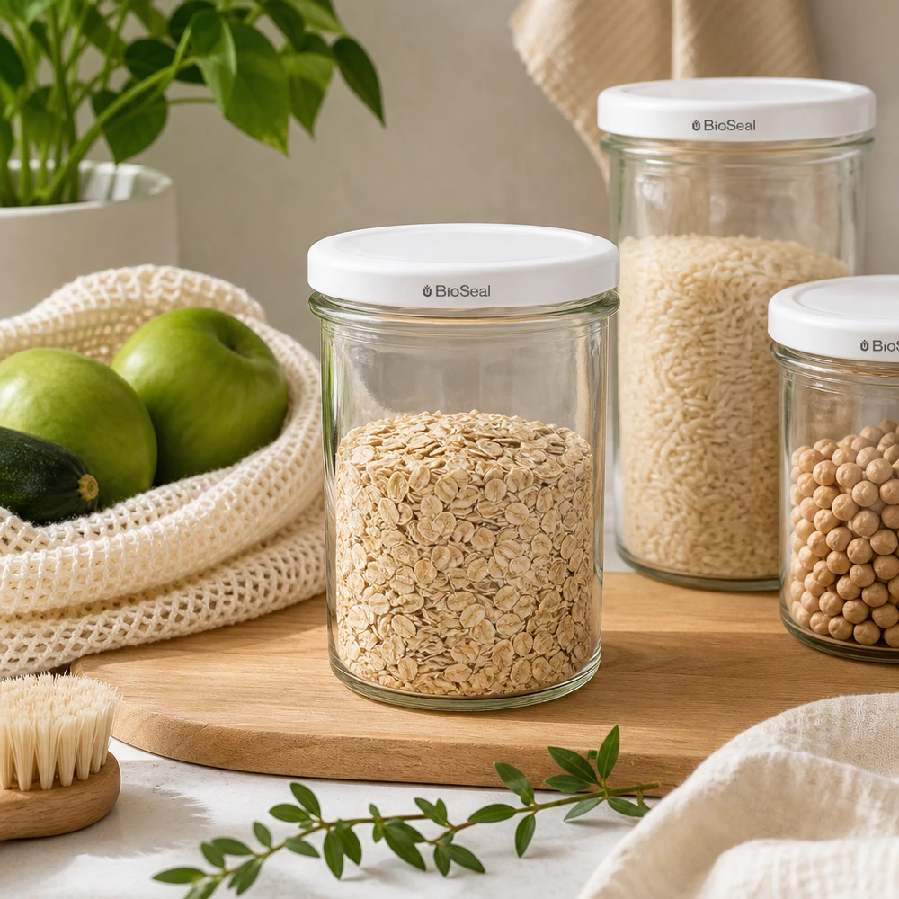 Copos de vidro de 350 ml com tampa branca UNiTWIST BioSeal UNiTWIST Sturz350 Vorratsgläser mit TO82 BioSeal in nachhaltiger Zero-Waste Küche für plastikfreie Aufbewahrung