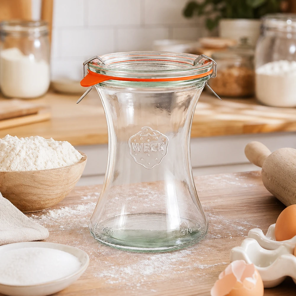 Frasco de conserva de 370 ml, completo, WECK RR80 Frasco de charcutaria WECK 370ml RR80 vazio na cozinha com ingredientes de pastelaria farinha ovos utensílios de madeira ambiente de cozinha