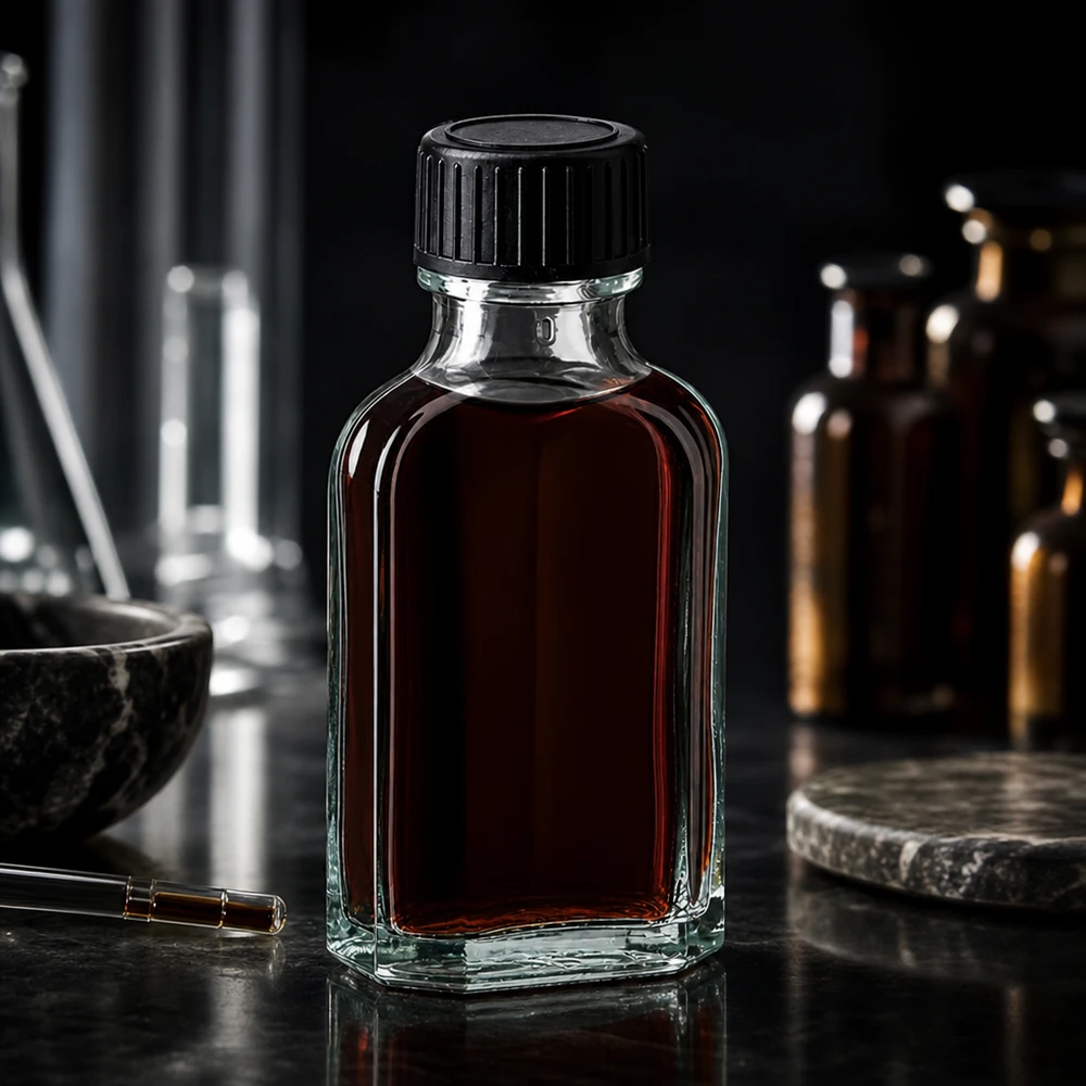 Frasco de vidro Meplat de 50 ml com conteúdo castanho-escuro e tampa de rosca preta no laboratório