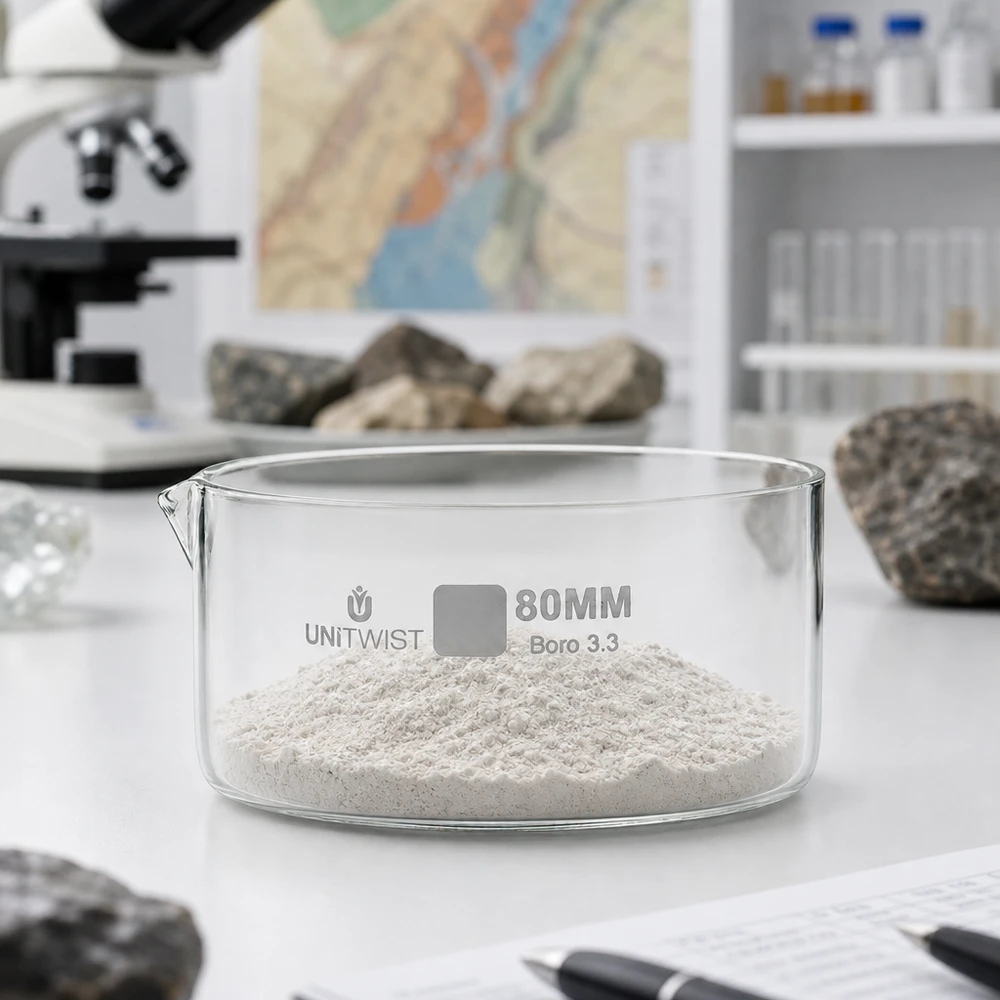 Bandeja de cristalização de 80 mm com pó branco na mesa de laboratório, ao lado de amostras de rocha UNiTWIST