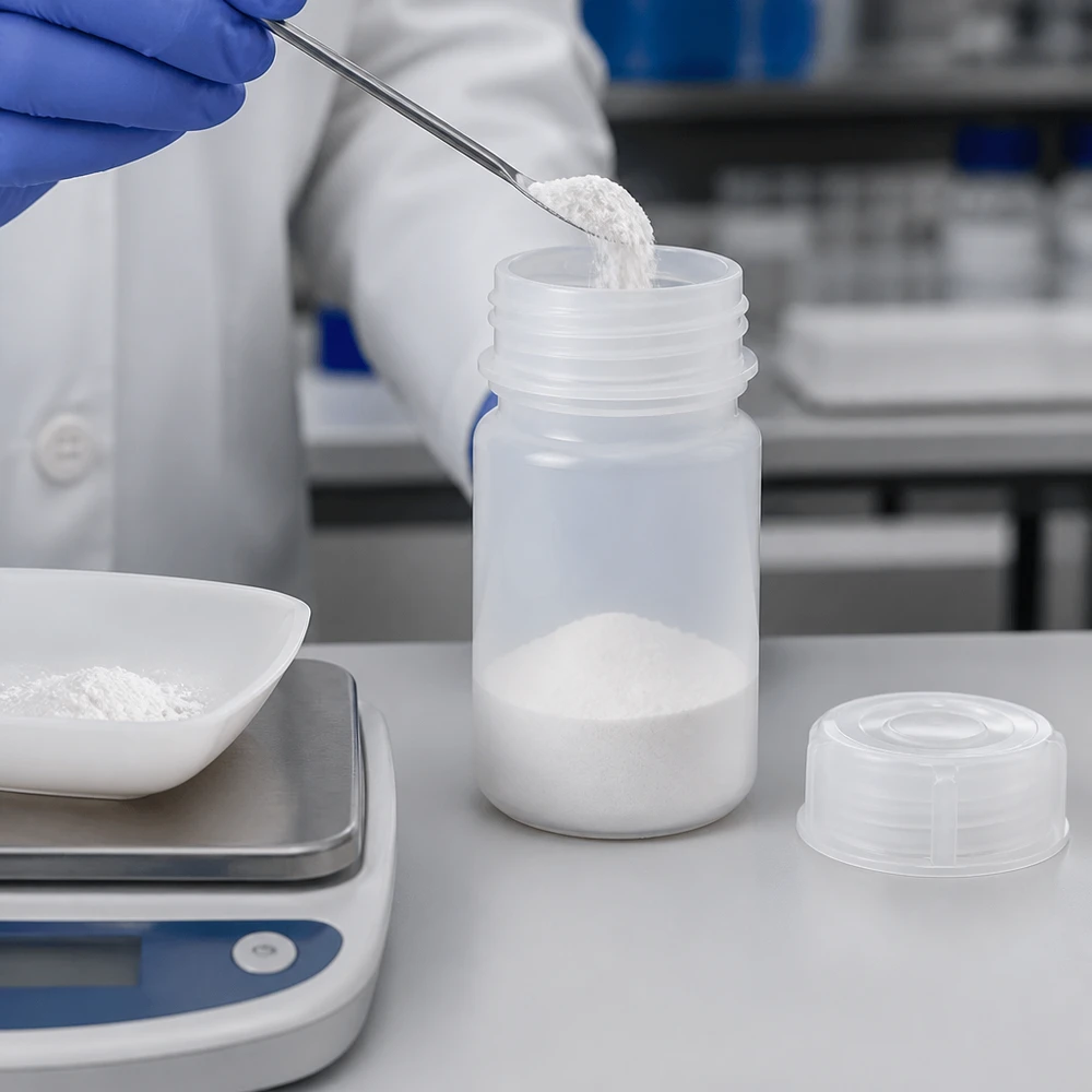 O técnico de laboratório enche um frasco de plástico de gargalo largo com 50 ml com um pó branco e uma espátula