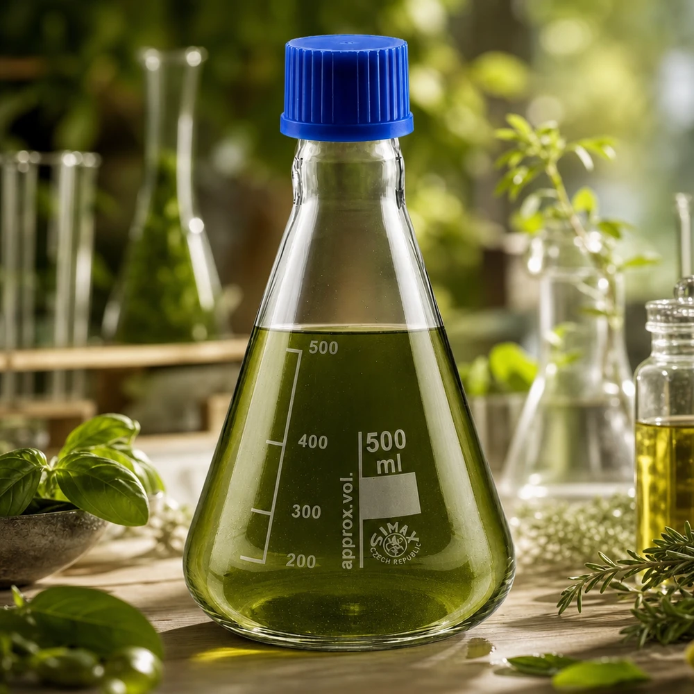 Frasco Erlenmeyer 500ml com tampa de rosca Frasco Erlenmeyer de 500 ml com líquido verde e tampa azul para experiências