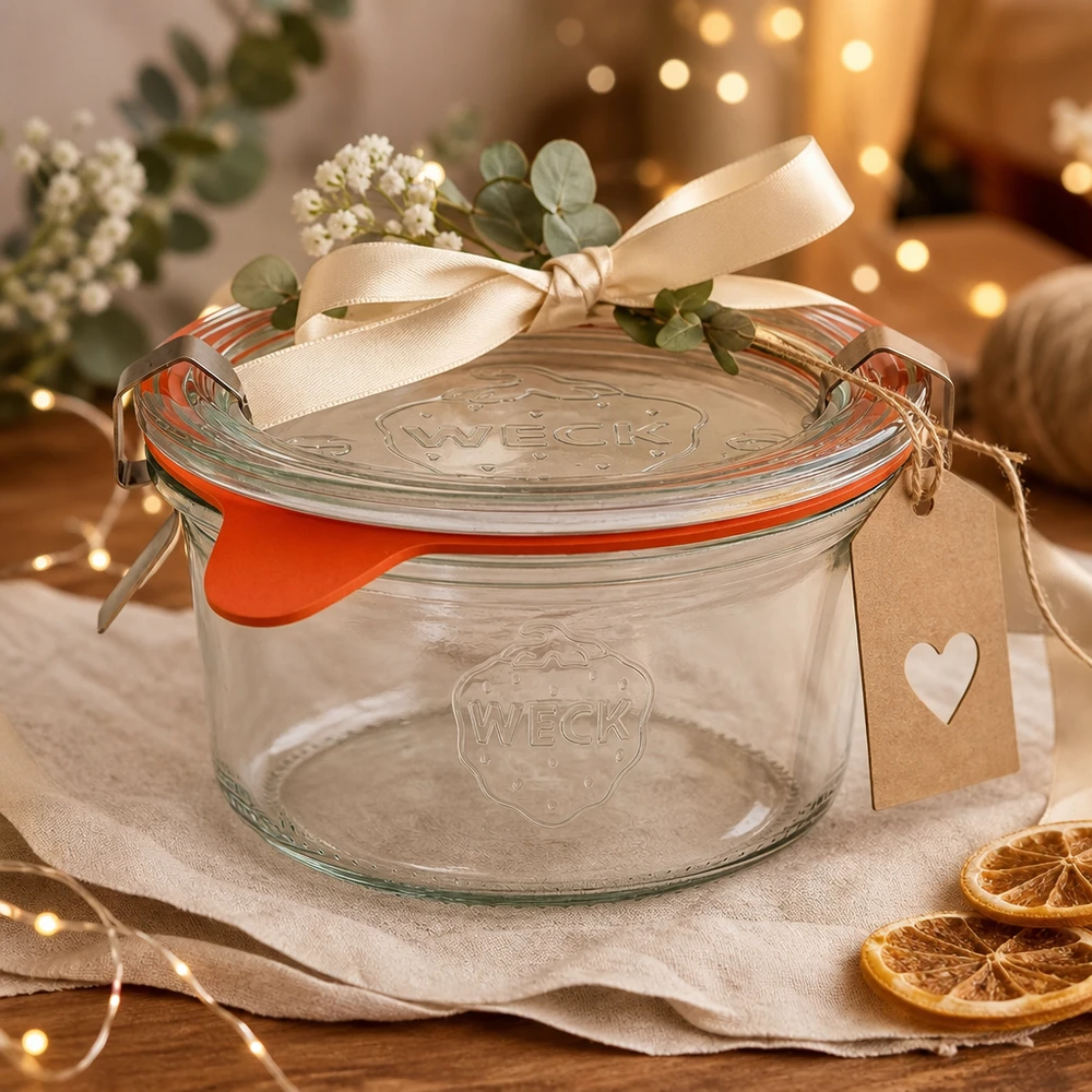 Copos WECK RR80 de 165 ml como presente, decorados com um laço, um pendente e flores numa mesa festiva