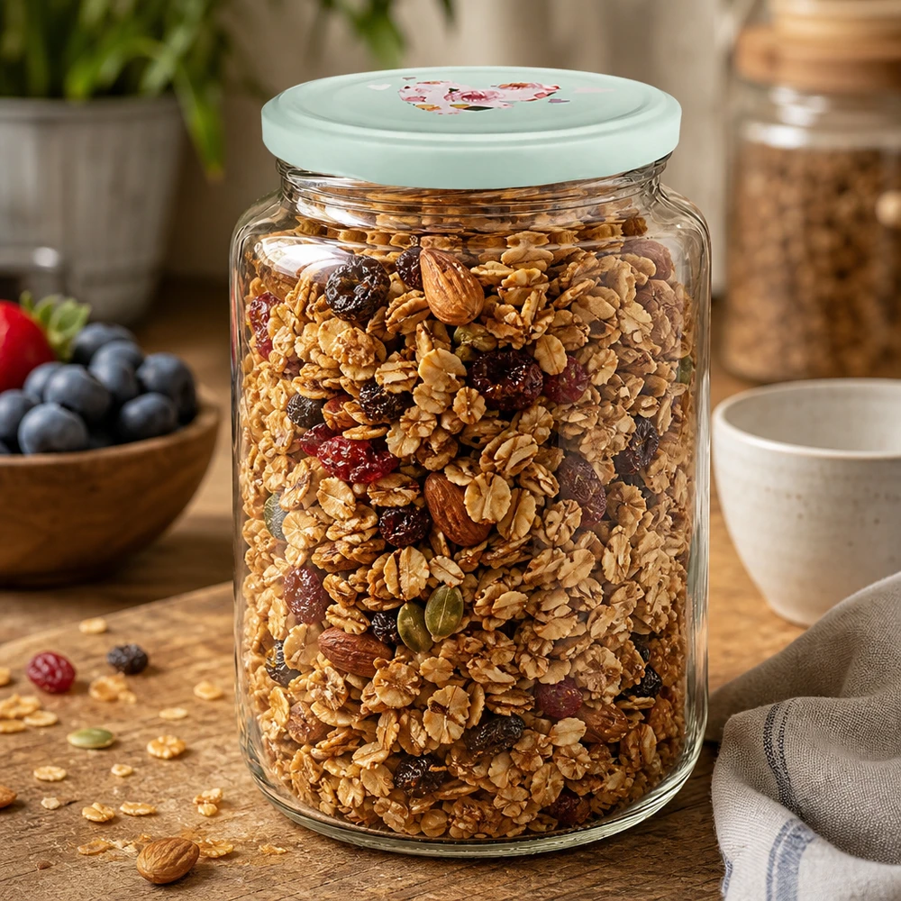 O frasco redondo de 795 ml cheio de muesli e nozes apresenta uma tampa em forma de coração de menta como um prático frasco de armazenamento de cereais