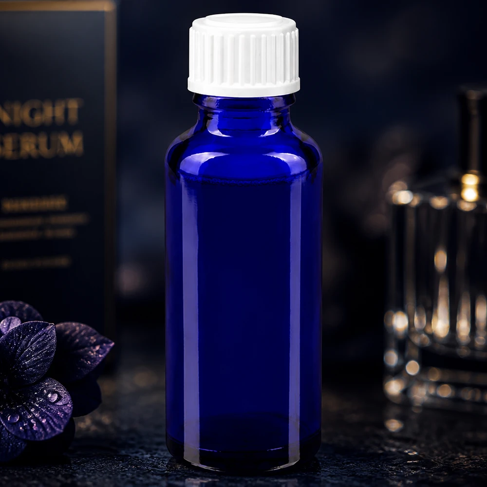 Frasco de farmácia azul 30ml tampa de rosca branco globules standard Frasco fino de vidro cobalto de 30 ml com tampa de segurança branca, com uma elegante embalagem para o sérum noturno