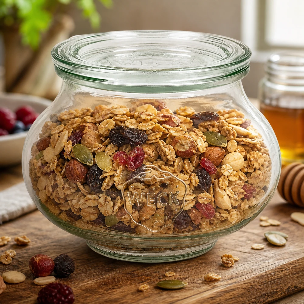 Frasco decorativo WECK 560ml RR80 com muesli caseiro frutos secos como frasco de arrumação numa mesa de madeira