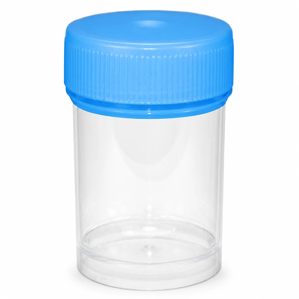 Frasco de plástico universal (frasco patho) 20ml Frasco de plástico transparente de 20 ml com tampa de rosca azul, destinado a servir de recipiente para amostras médicas