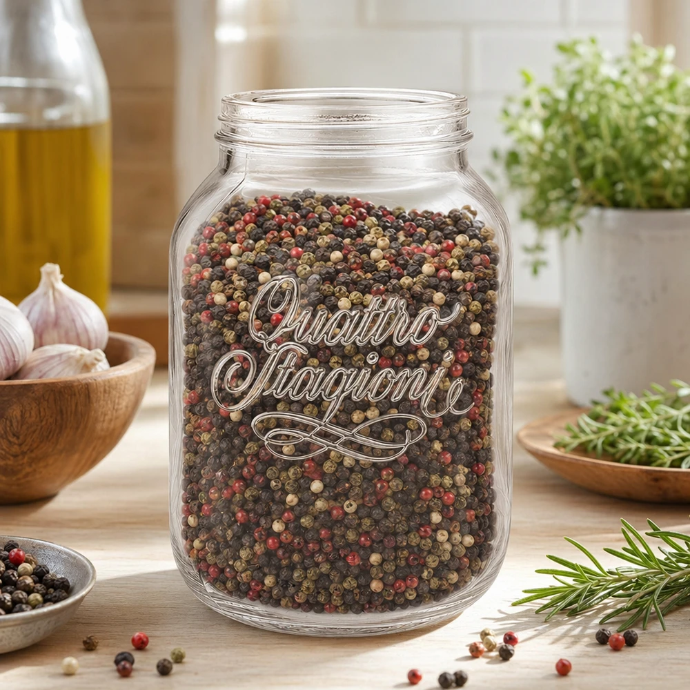 Frasco doméstico de 3000 ml Quattro Stagioni cheio de grãos de pimenta coloridos numa cozinha moderna com ervas e especiarias