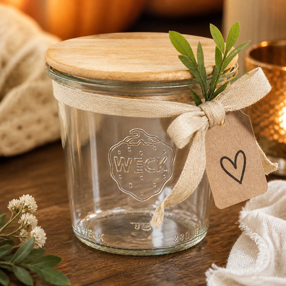 290ml Sturzglas hoch WECK RR80 mit Holzdeckel Copos WECK 290ml RR80 com tampa de bambu e etiqueta de oferta como decoração com ervas e fita de tecido