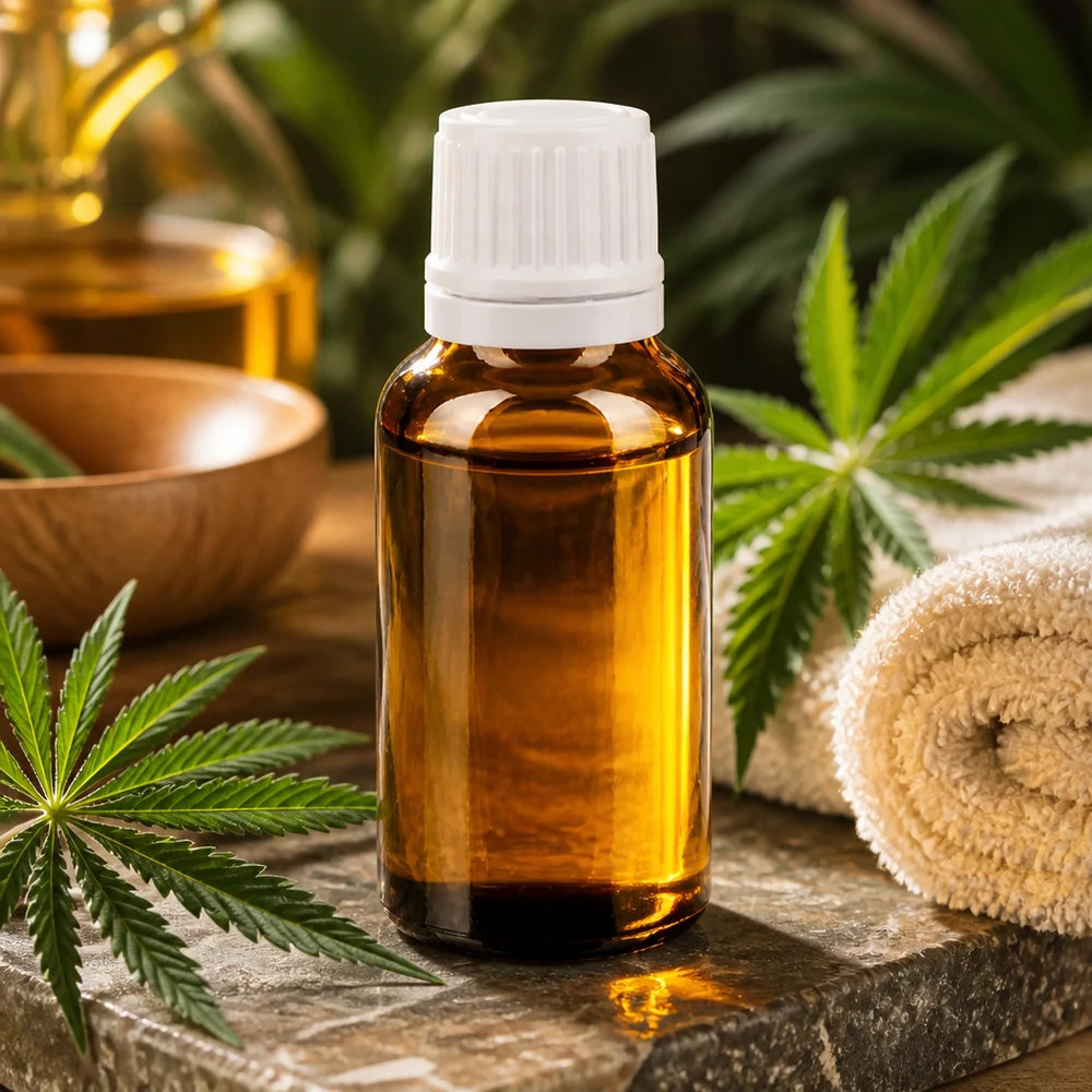 Frasco de óleo de CBD de 20 ml em vidro castanho com tampa de segurança para crianças branca e folhas de canábis