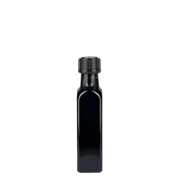Frasco quadrado de vidro violeta 250ml (garrafa de óleo), UNI 10155 31.5x 24, incl. tampa de rosca preta 103574 Frasco quadrado de vidro violeta 250ml (garrafa de óleo), UNI 10155 31.5x 24, incl. tampa de rosca preta 103574