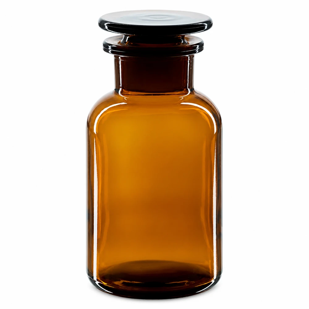 Garrafa castanha de ombro arredondado, 250 ml, com rolha de vidro e gargalo largo, para laboratório e farmácia
