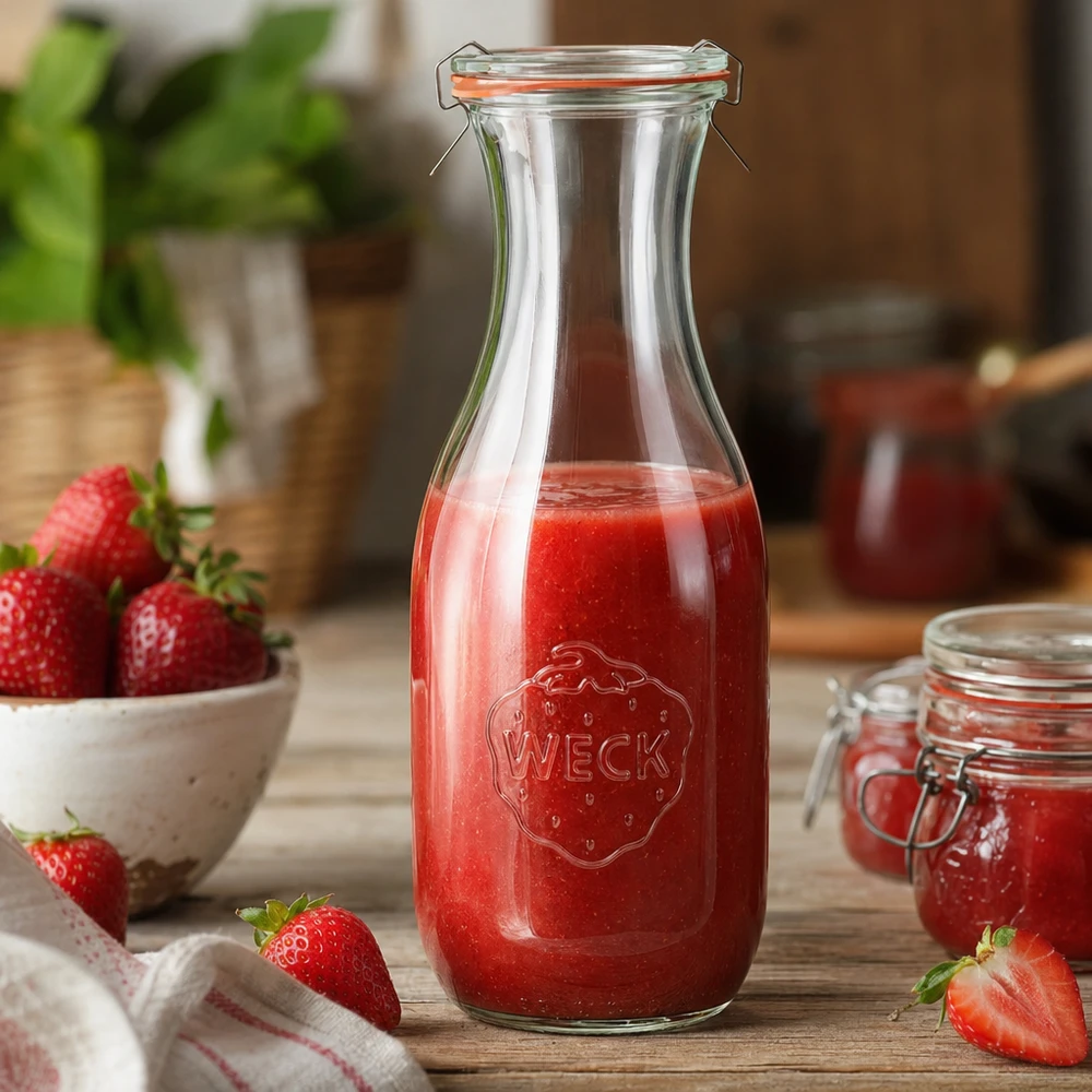 Garrafa para sumo de 1062 ml, completa, WECK RR60 Garrafa de sumo WECK 1062ml RR60 cheia de sumo de morango vermelho disposta de forma decorativa na cozinha com morangos frescos