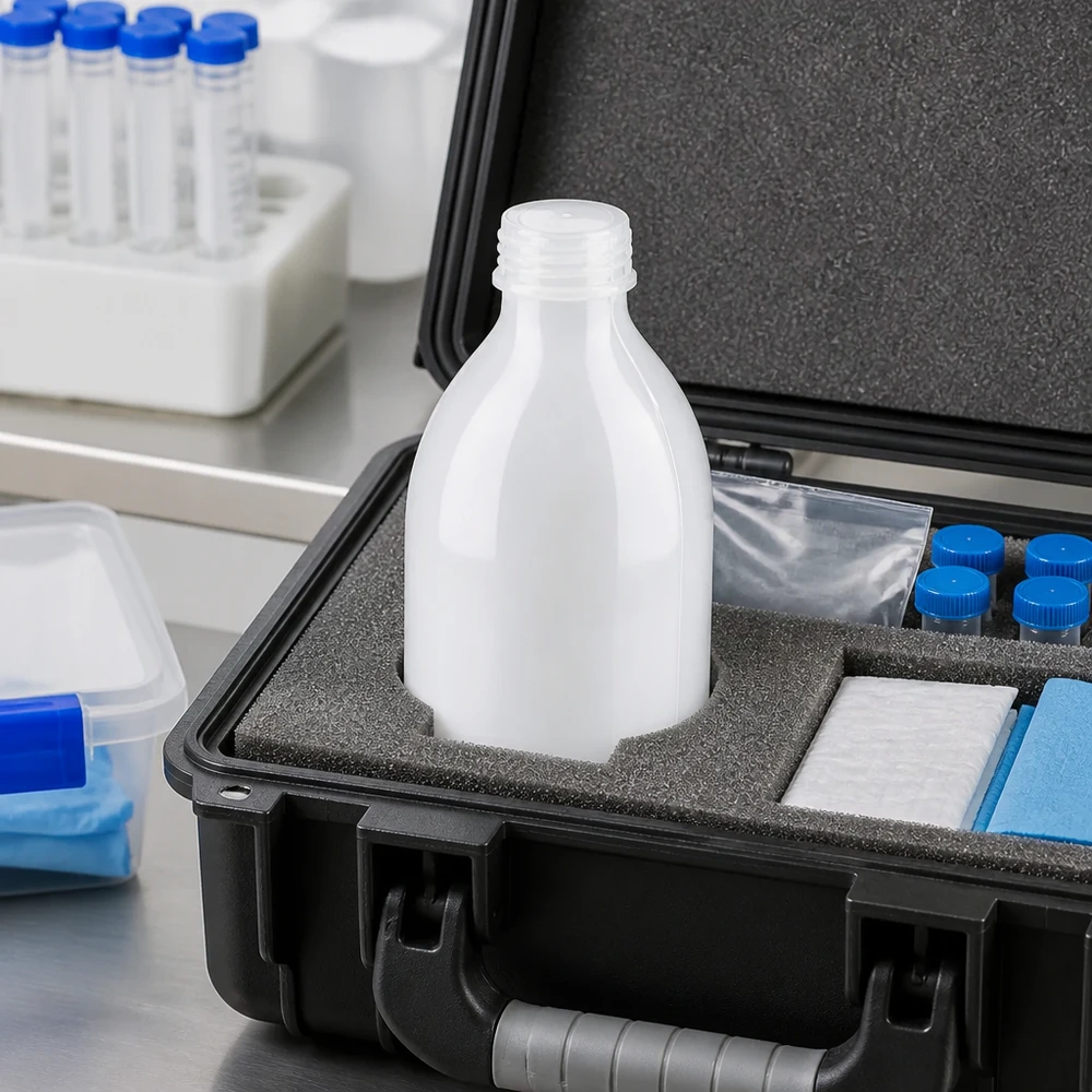 Frasco de laboratório de 250 ml com gargalo estreito e sem tampa Frasco de laboratório de gargalo estreito de 250 ml, sem tampa, guardado numa mala de transporte com forro de espuma