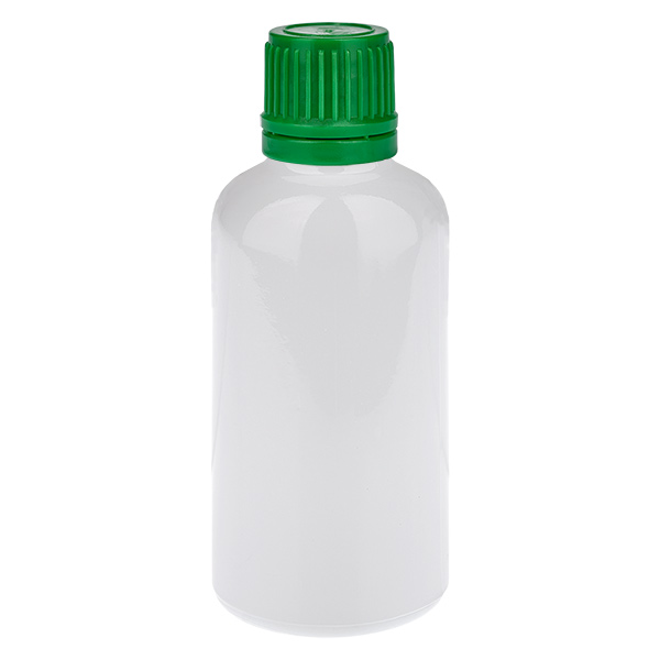 Frasco de 50 ml com tampa de rosca verde de 11 mm, tampa inviolável WhiteLine UT18/50 Frasco de 50 ml com tampa de rosca verde de 11 mm, tampa inviolável WhiteLine UT18/50