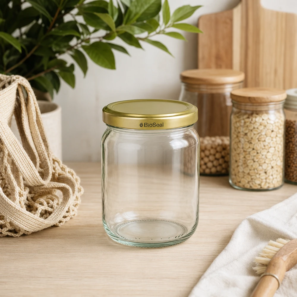 500g Honigglas mit goldenem Deckel BioSeal UNiTWIST Frasco de mel BioSeal de 500 g vazio numa cozinha sustentável com frascos de arrumação e materiais naturais sobre uma bancada de madeira