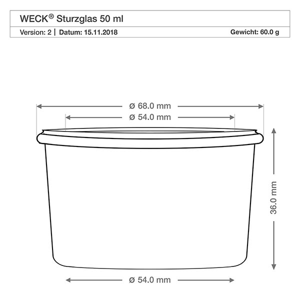 Copos de vidro de 50ml com tampa WECK RR60 Desenho técnico do copo de 50 ml WECK RR60 com dimensões - diâmetro 68 mm, altura 36 mm para frascos de conserva