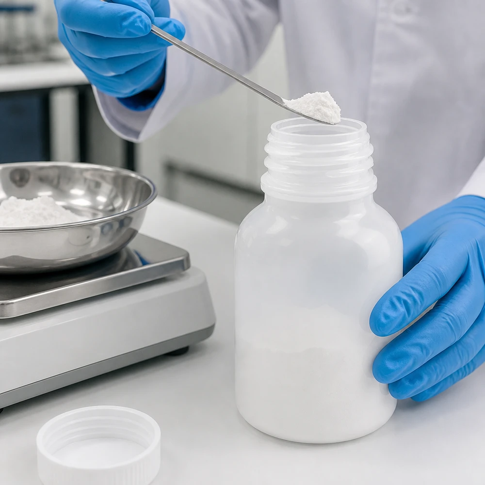 Recipiente de plástico branco de gargalo largo, com 100 ml, com abertura ampla para facilitar o enchimento com pó